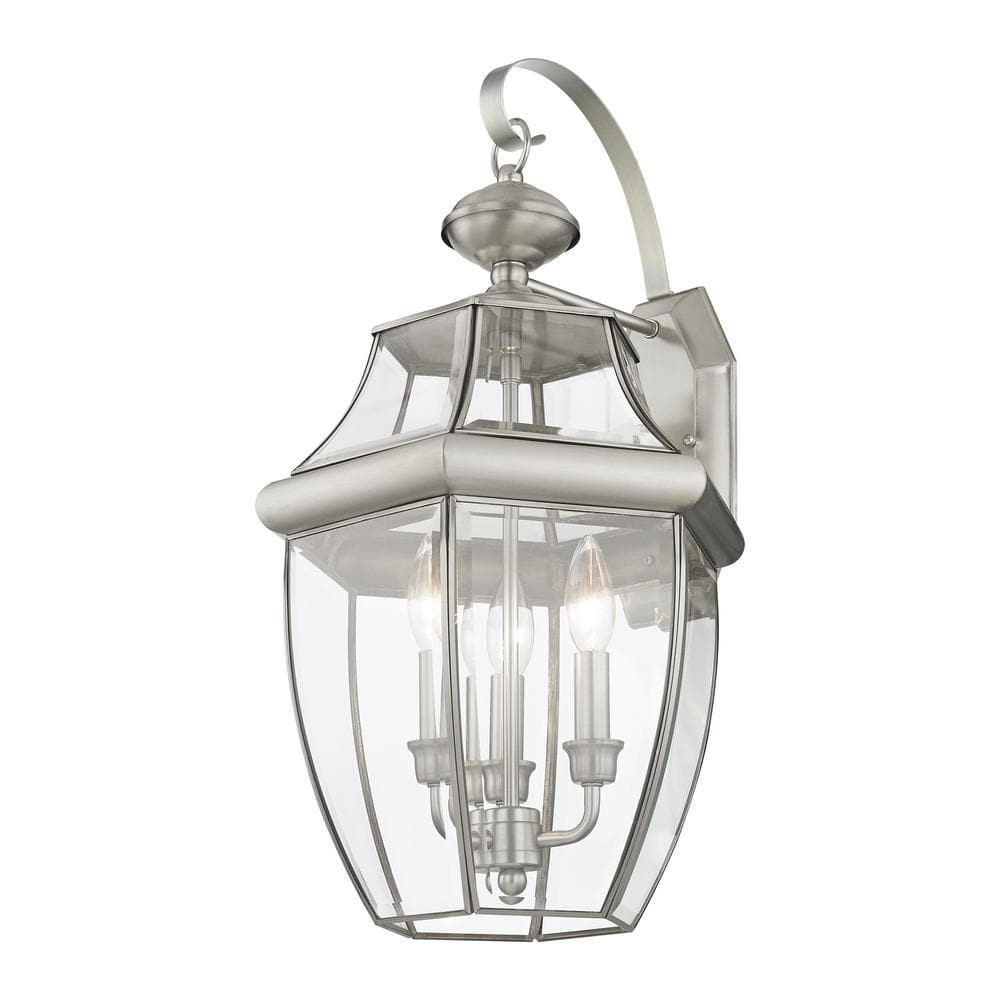 Elegant Brushed Nickel 3-Light Outdoor Wall Lantern with Clear Beveled Glass