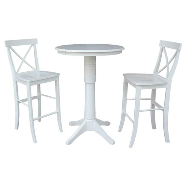 3-Piece Set Olivia White Solid Wood 30 in Round Pedestal Bar-height Table with 2 Alexa Armless Bar Stools