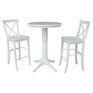 3-Piece Set Olivia White Solid Wood 30 in Round Pedestal Bar-height Table with 2 Alexa Armless Bar Stools