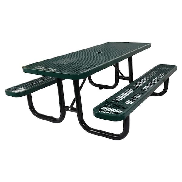Unbranded 61 in. Green Rectangle Steel Picnic Table Seats 6-People with Umbrella Hole Outdoor Picnic Table
