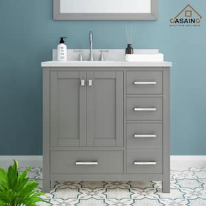 36 in. W x 22 in. D x 35.4 in. H Single Sink Solid Wood Bath Vanity in Gray with Carrara White Marble Top and Basin