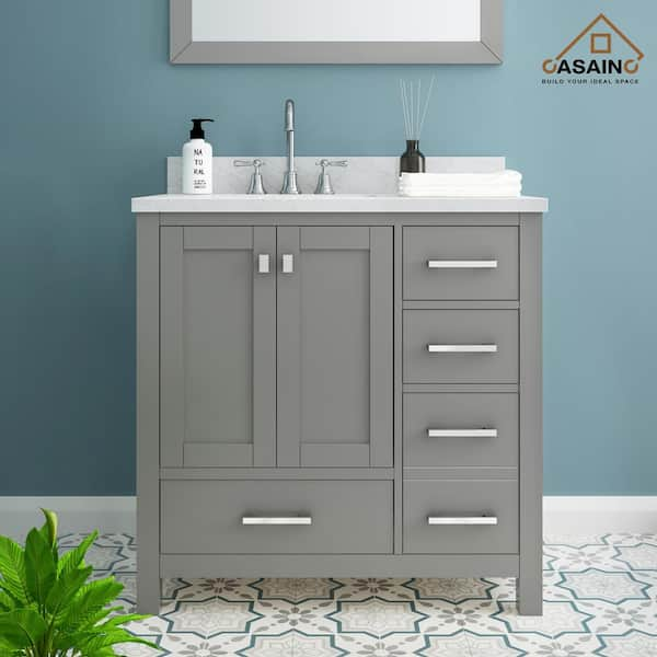 36 inch Single Solid Wood Bathroom Vanity Set, with Drawers, Carrara White Marble Top, 3 Faucet Hole, White, Size: Large