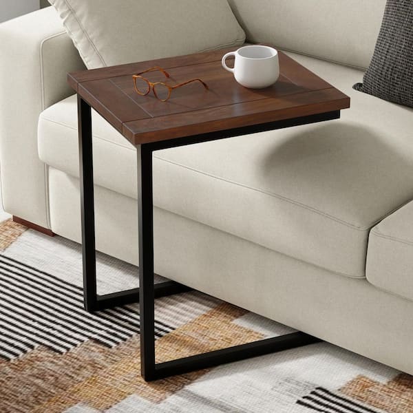 Skyler 16 in. Wide Solid Mango Wood C-Shaped Metal End Table in Walnut Brown/Black, Assembled
