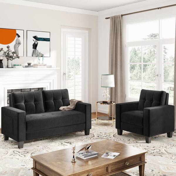 GODEER 61 in. W Square Arm Velvet Straight Morden Style Couch Furniture Upholstered Armchair and Loveseat in Black