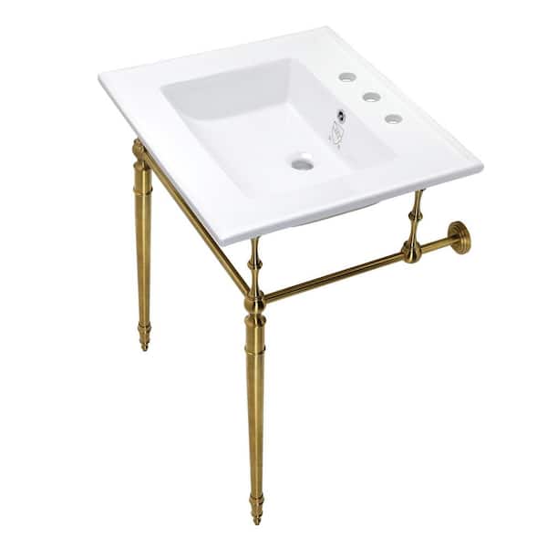Kingston Brass Edwardian Ceramic White/Brushed Brass Console Sink Basin and Leg Combo with Legs