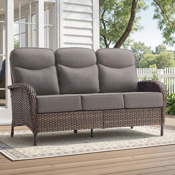 High Crescent 3-Person Seat Brown Wicker Patio Outdoor Sofa Loveseat with Gray Cushions