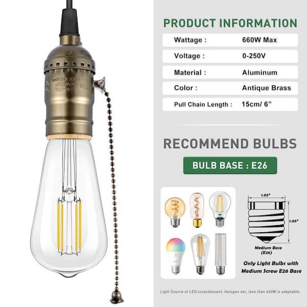 BIBIVIS 2.8 in. Antique Brass Pull Chain Light Socket Replacement