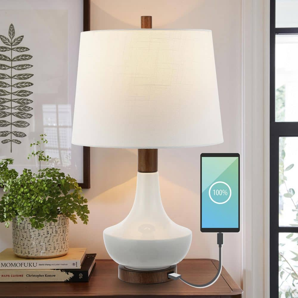 Finn 23  Vintage Minimalist Iron/Ceramic LED Mini Table Lamp with USB Charging Port  Wood Finished/White