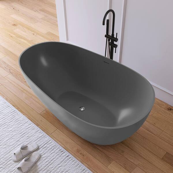 Luna 59 in. x 30.7 in. Stone Resin Solid Surface Flatbottom Freestanding Soaking Bathtub in Dark Gray
