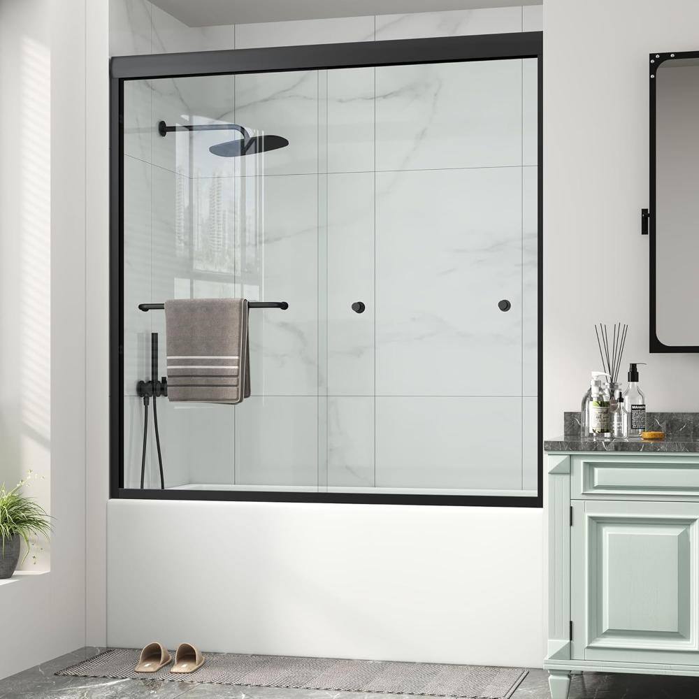 "55 in. - 60 in. W x 60 in. H Double Sliding Aluminum Framed Tub Door in Matte Black with 1/4"" Clear Tempered Glass" price history on PriceWatchPro