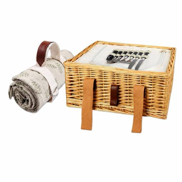 2-Person Wicker and Solid Wood Picnic Basket Set with Insulated Cooler and Folding Table in Camel