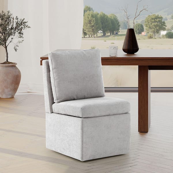 Stansberry Chenille Light Gray Fabric Upholstered Armless Dining Chair with Lift-Seat Storage and Caster Wheels