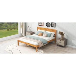 Light Brown Wood Frame Queen Size Platform Bed Frame with Headboard, Wood Slat Support, No Box Spring Needed