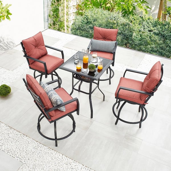 5-Piece Metal Outdoor Dining Set with Red Cushions