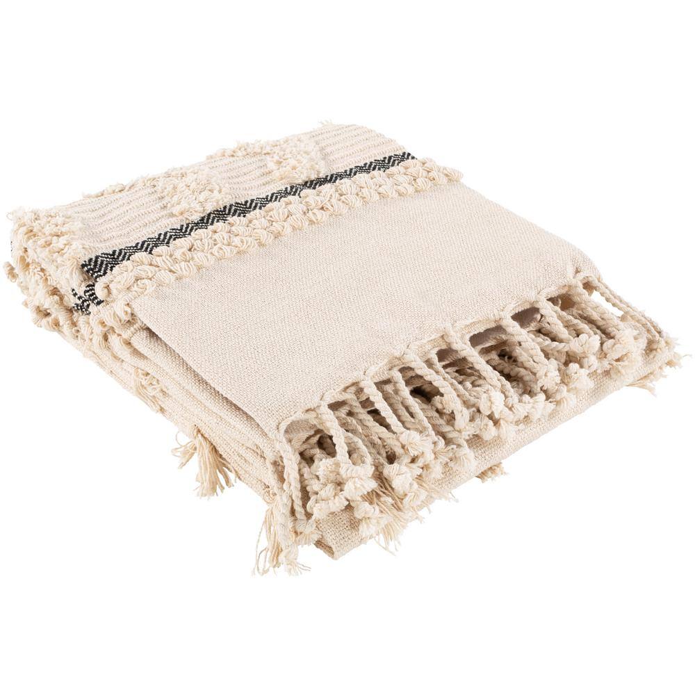 Ivory and Black Cotton Boho Throw Blanket with Tassels
