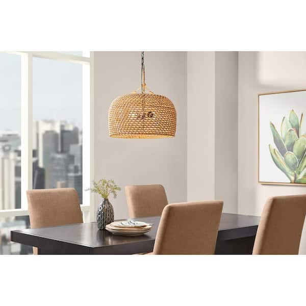 Summerpoint 120-Watt 2-Light Black Shaded Pendant Light with Natural Woven Shade, No bulbs Included