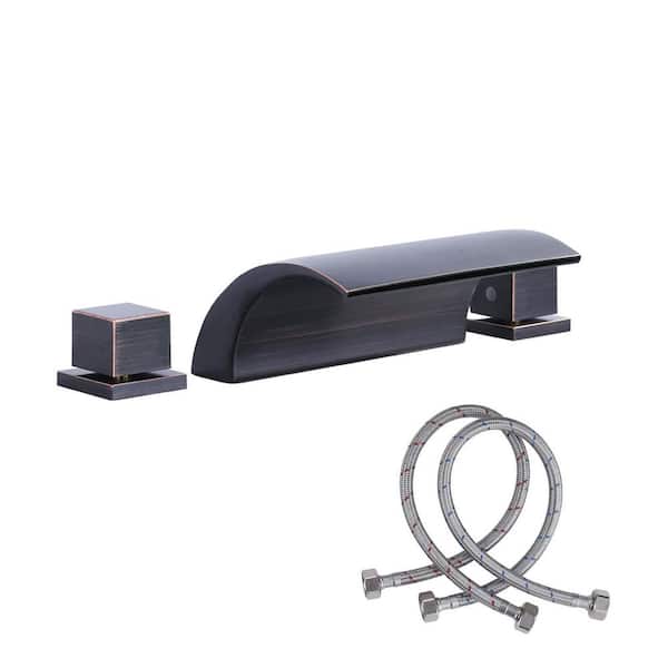 Double Handle Deck Mounted Brass Waterfall Roman Tub Faucet High Flow Garden Tub Filler in Oil Rubbed Bronze
