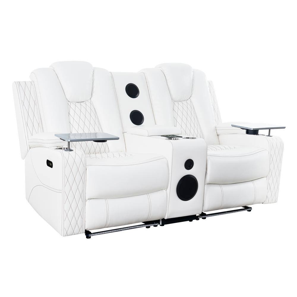 White Faux Leather Reclining Loveseat with Cup Holders and LED Lights