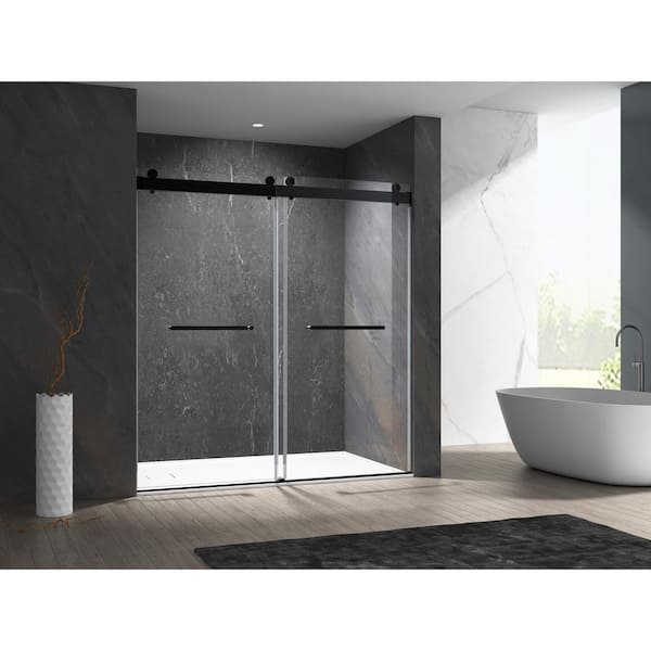 MCOCOD 48 in. W x 76 in. H Double Sliding Frameless Shower Door in Matte Black with Soft-Closing and 3/8 in. (10 mm) Glass