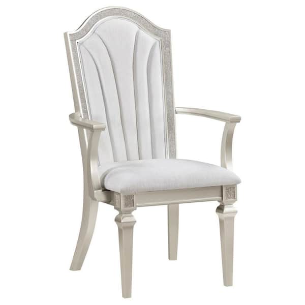Benjara Silver and Ivory Chenille Tall Arched Backrest Dining Armchair (Set of 2)