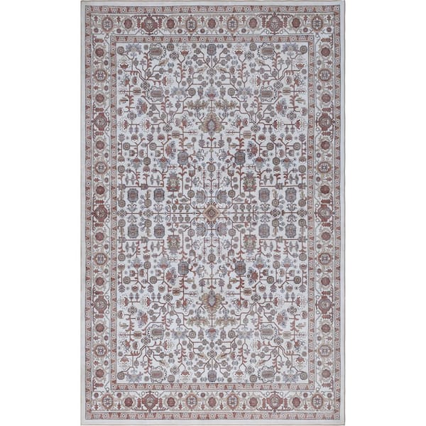 Subtlety Medallion All-Over Floral Border Non-Slip Machine-Washable Rose Clay/Ivory 5 ft. x 8 ft. Area Rug