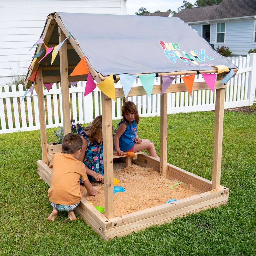 Funphix Wooden Sandbox Playhouse with Bench and Planter
