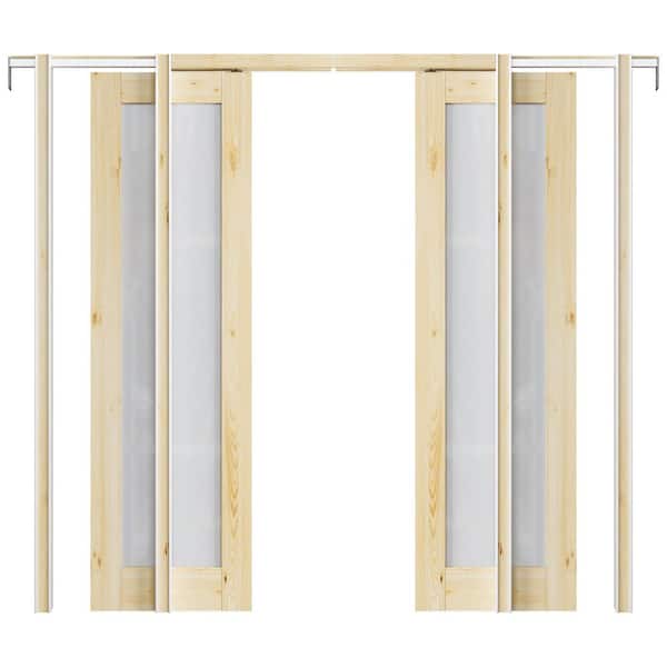 48 in. x 80 in. 1-Lite Frosted Glass Solid Core Pine Wood Unfinished Pocket Sliding Door with Pocket Door Hardware