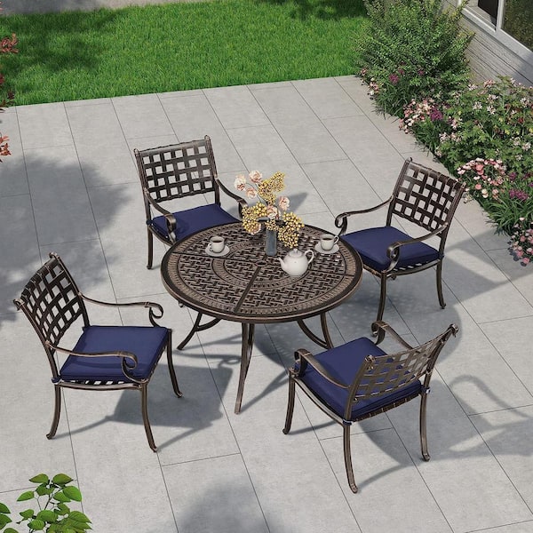 PURPLE LEAF Navy Blue 5-Piece Aluminum 4 Armchairs and 47 in. Round Table Outdoor Dining Set with Cushions