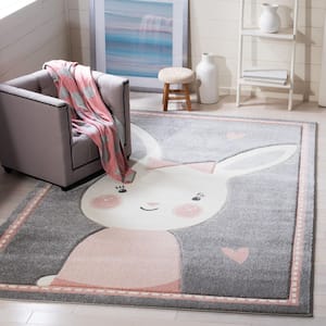 Carousel Kids Gray/Ivory 5 ft. x 5 ft. Border Solid Color Square Area Rug