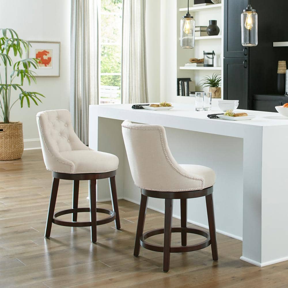 Tall Brown Swivel Bar Stool with Cream Upholstered Back
