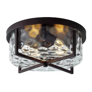 Industrial 11.8 in. 2-Light Drum Flush Mount with Water Ripple Glass Shade