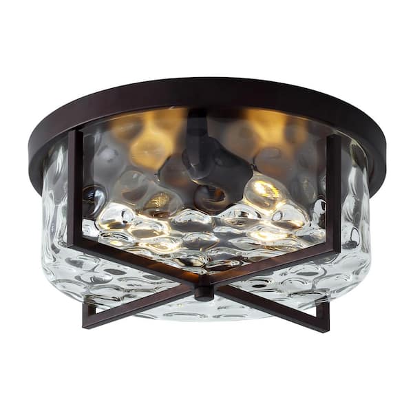 aiwen Industrial 11.8 in. 2-Light Drum Flush Mount with Water Ripple Glass Shade