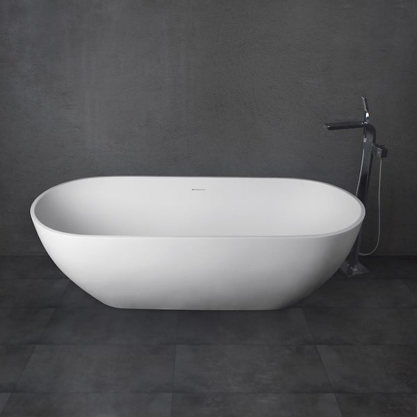 KINWELL 59 in. Stone Resin Flatbottom Solid Surface Freestanding Non-Whirlpool Soaking Bathtub in White