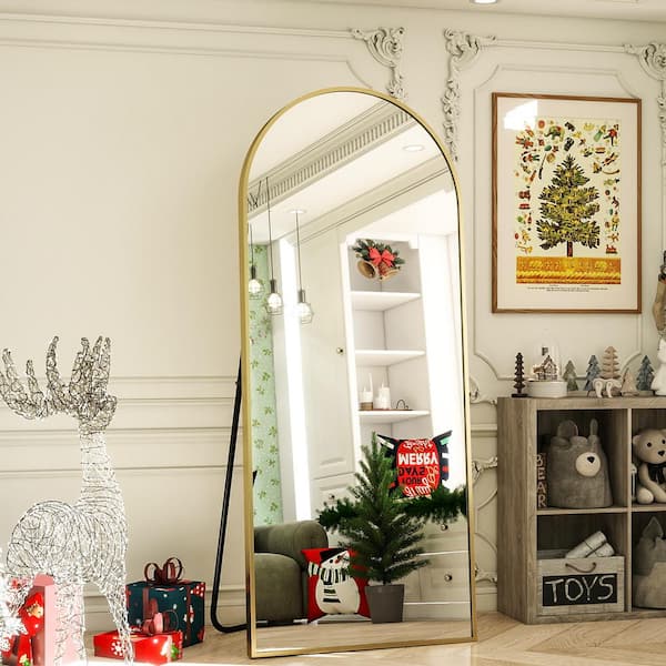 XRAMFY 70 in. W x 30 in. H Arched Classic Gold Aluminum Alloy Framed Full Length Mirror