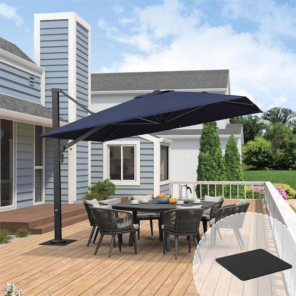 PURPLE LEAF 11 ft. Square Aluminum Large Outdoor Cantilever 360-DegreeRotation Patio Umbrella with Base Plate, Navy Blue