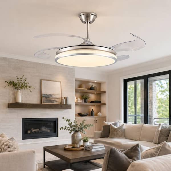 42 in. Nickel Modern LED Ceiling Fan with Light 2-Tier Retractable with Remote Control 6-Speed for Bedroom Living Room