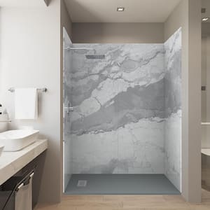 Italian Ice 32 in. x 60 in. x 84 in. Solid Composite Stone Alcove Shower Kit with Walls and Graphite Pan Base L/R Drain