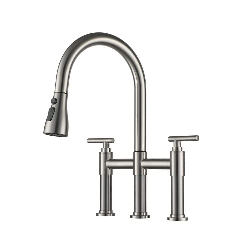 Double Handle 3-Hole Bridge Kitchen Faucet with Pull Down Sprayer 8 in. Widespread 360 Swivel Spout in Brushed Nickel price history on PriceWatchPro