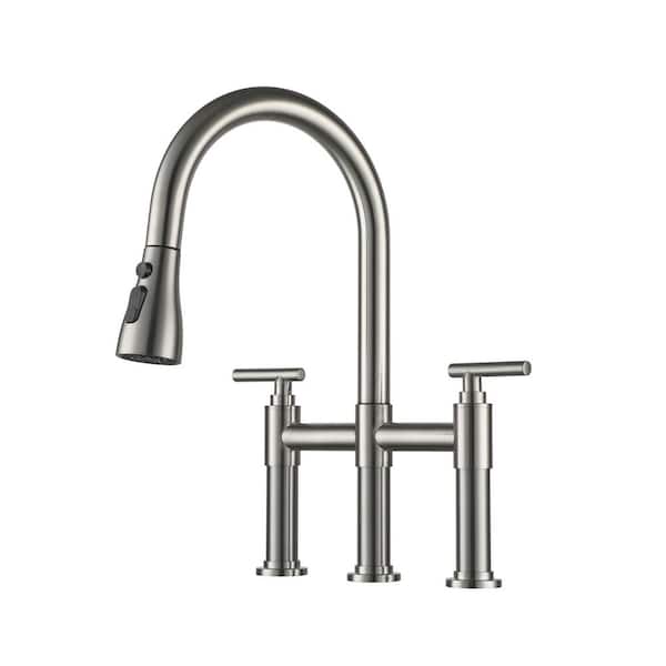 Double Handle 3-Hole Bridge Kitchen Faucet with Pull Down Sprayer 8 in. Widespread 360 Swivel Spout in Brushed Nickel
