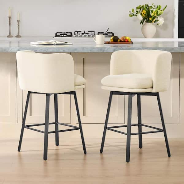 Roux 35.04 in. H Sand Fabric Metal Frame Modern Swivel Barrel Bar Stools with Footrest and Plush Cusion （Set of 2)