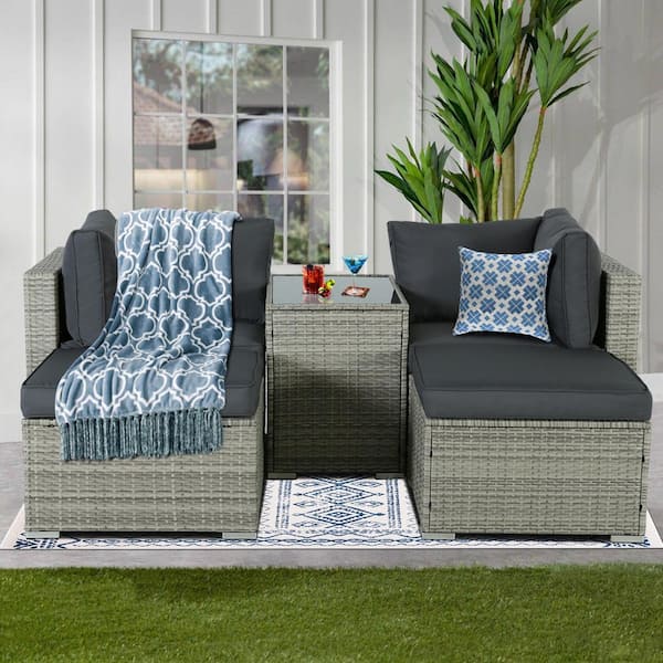 JUSKYS Worthy 5-Piece Light-Gray Wicker Patio Conversation Set with Dark-Gray Cushions