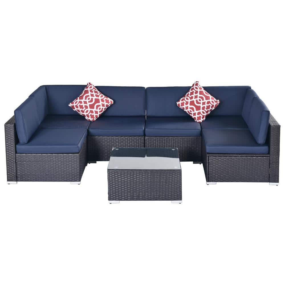 7-Piece Outdoor PE Rattan Wicker Garden Patio Furniture Set with Blue Cushi