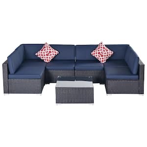 7-Piece Outdoor PE Rattan Wicker Garden Patio Furniture Set with Blue Cushion