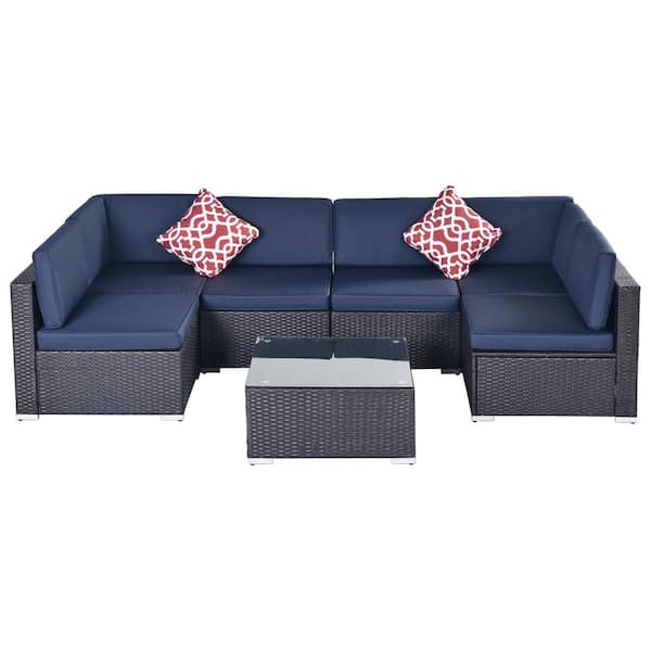 URTR Black 7-Piece Wicker Patio Furniture Set Sofa Set Outdoor Rattan Conversation Set with Table & Pillow, Navy Blue Cushion