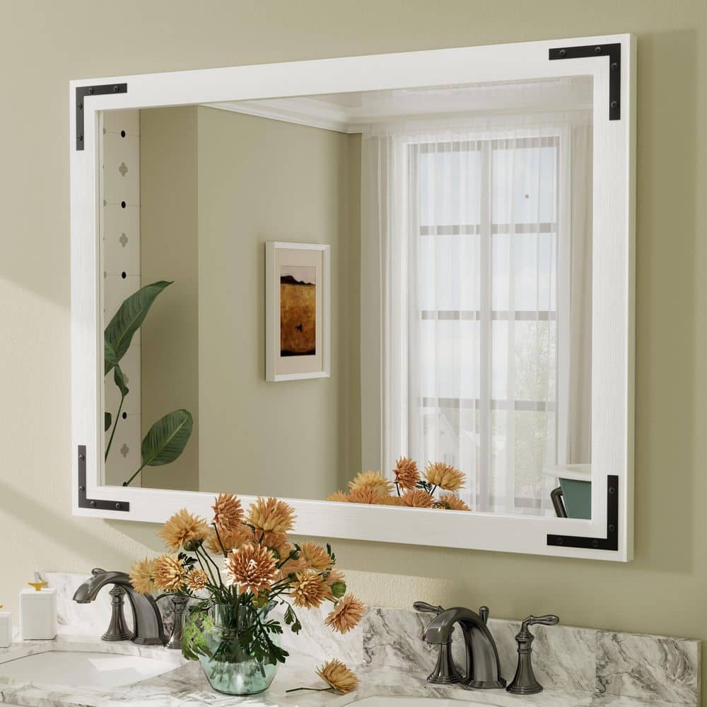 48 in. W x 36 in. H Rectangular Rustic Farmhouse Solid Wood Framed & Tempered Glass Wall Bathroom Vanity Mirror in White price history on PriceWatchPro