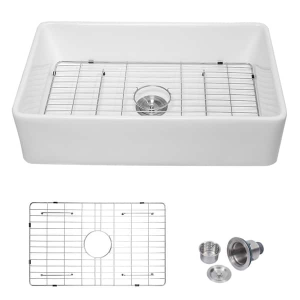 30 in. White Fireclay Ceramic Farmhouse Kitchen Sink Apron Front Single Bowl Sink with Bottom Grid