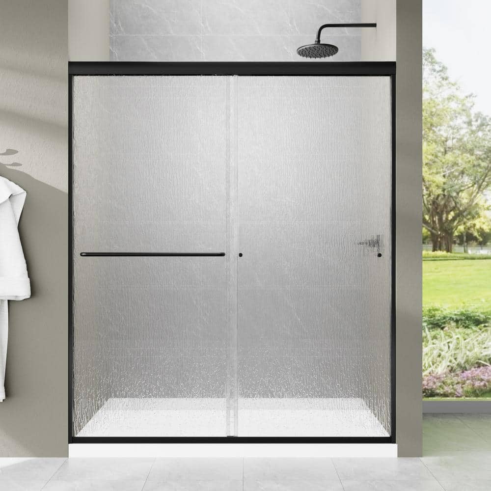 60 in. W x 70 in. H Single Sliding Framed Shower Door in Matte Black with T