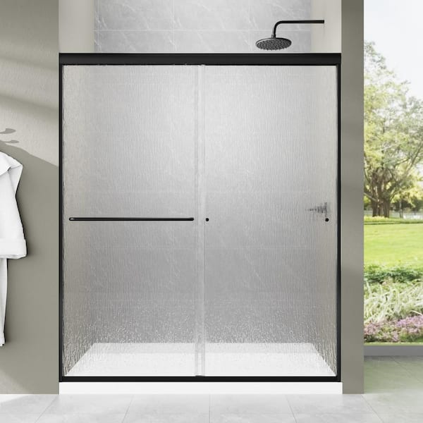 Unbranded 60 in. W x 70 in. H Single Sliding Framed Shower Door in Matte Black with Tempered Glass