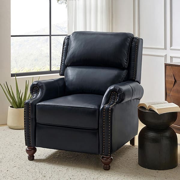 Elisabete Mid-century Modern Retro Navy Nail Head Trim Genuine Leather Cigar Recliner with Tapered Birch Wood Legs