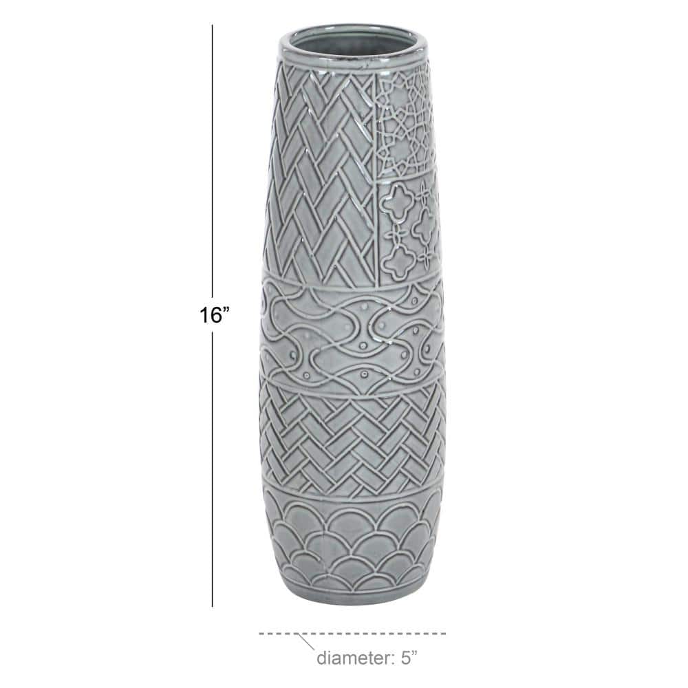 16" Gray Ceramic Floor Vase with Geometric Patterns